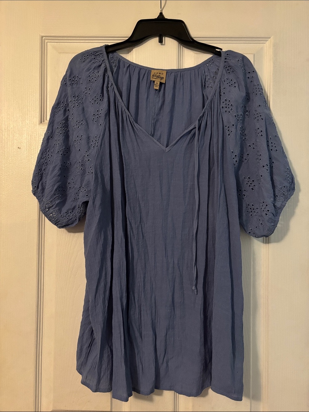 Como Vintage Dusty Blue Eyelet Puff-Sleeve Tunic